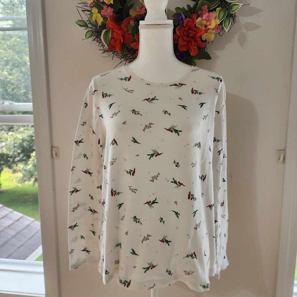 Women's Croft & Barrow Long Sleeve  Christmas Cardinal Print T-Shirt, Size XL